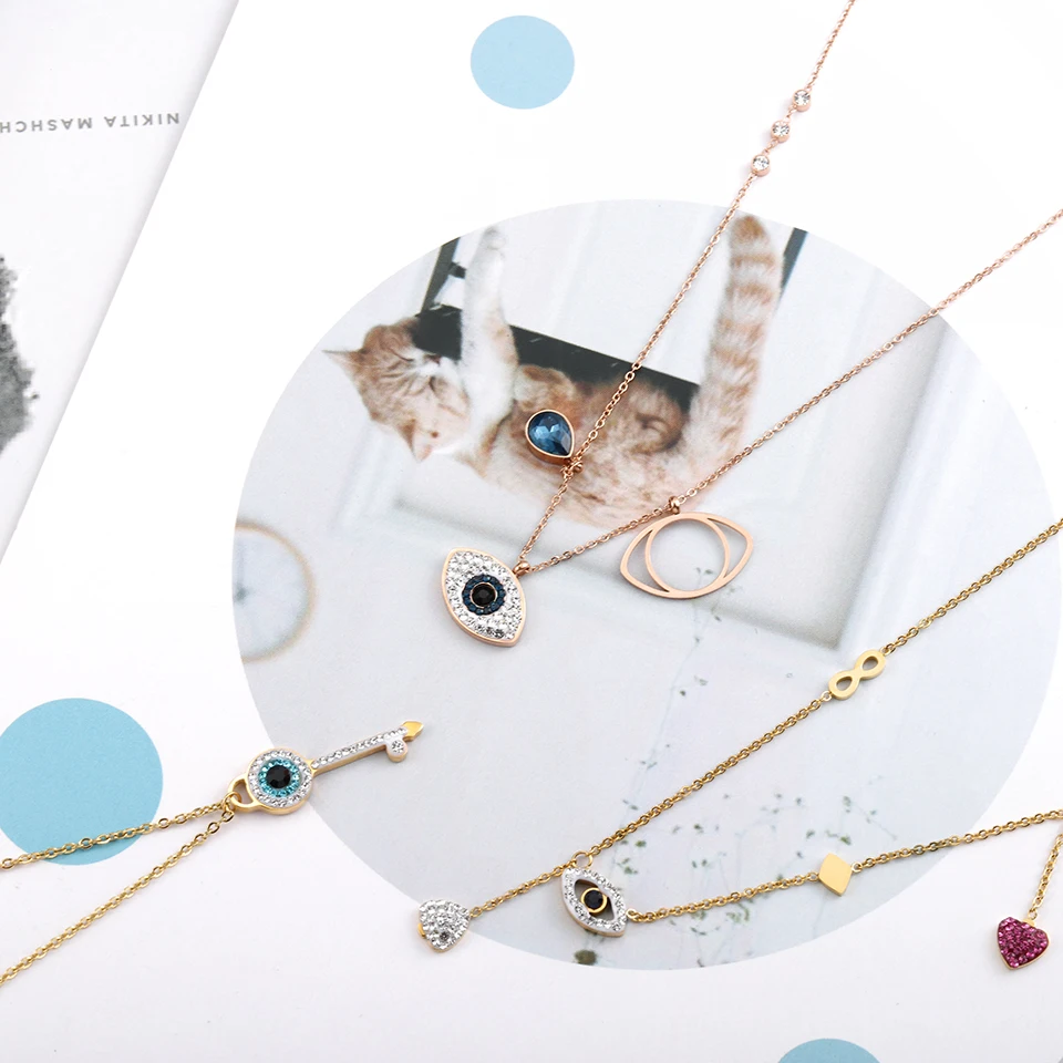 Eye Love Heart Zircon Pendant Necklace Titanium Stainless steel Gold Chain Necklace Inlaid Zircon Fashion Trendy Women Jewelry