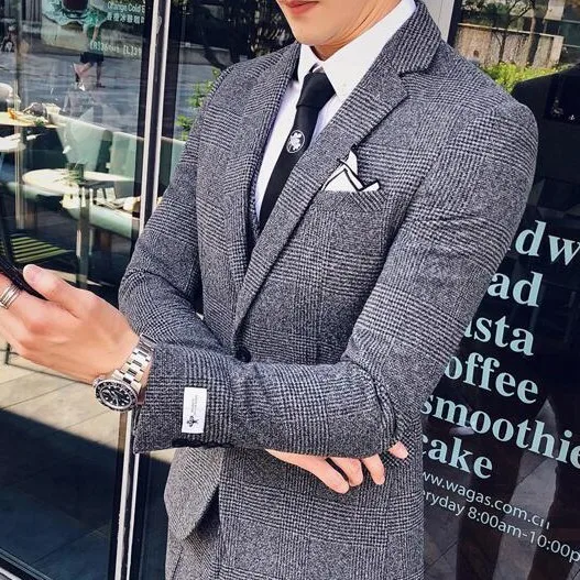 Only blazer gray Мужской деловой костюм, официальный смокинг, мужские костюмы, Casacas Hombre Azul Terno Preto, облегающие Серые Ретро костюмы в клетку для мужчин - Цвет: Only blazer gray