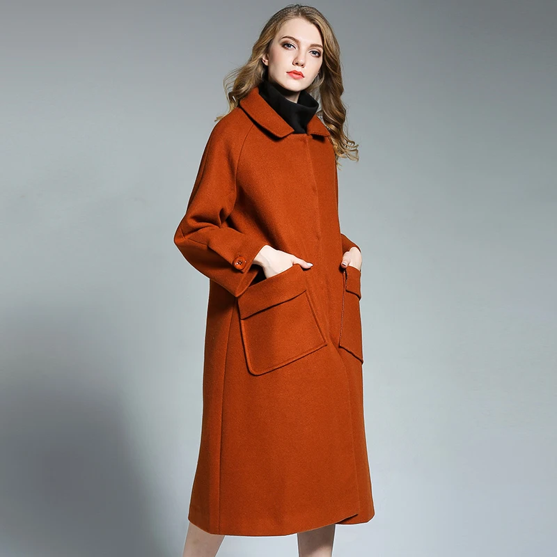 

Plus Size Woollen Coat Winter New Euramerican Thicken Long Sleeve Wool Elegant Coats Turn-down Collar Overcoat Oversize Black