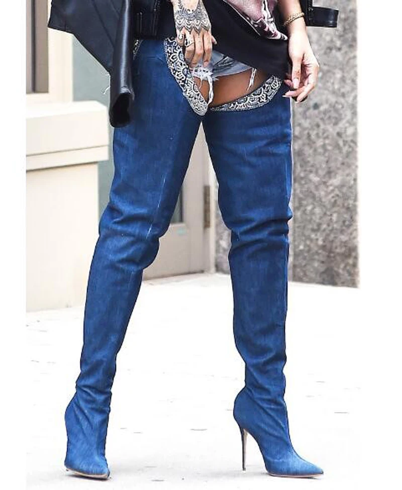 

Pointed Toe Waist Long Denim High Heel Boots New Popular Women Fashion Sexy Thigh Jean Boots Buckle Design Boots Real Pictures
