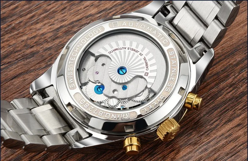 Роскошные карнавальные tourbillon часы мужчин серебро Нержавеющая сталь Водонепроницаемый автомат Дата наручные часы Relógio мужской