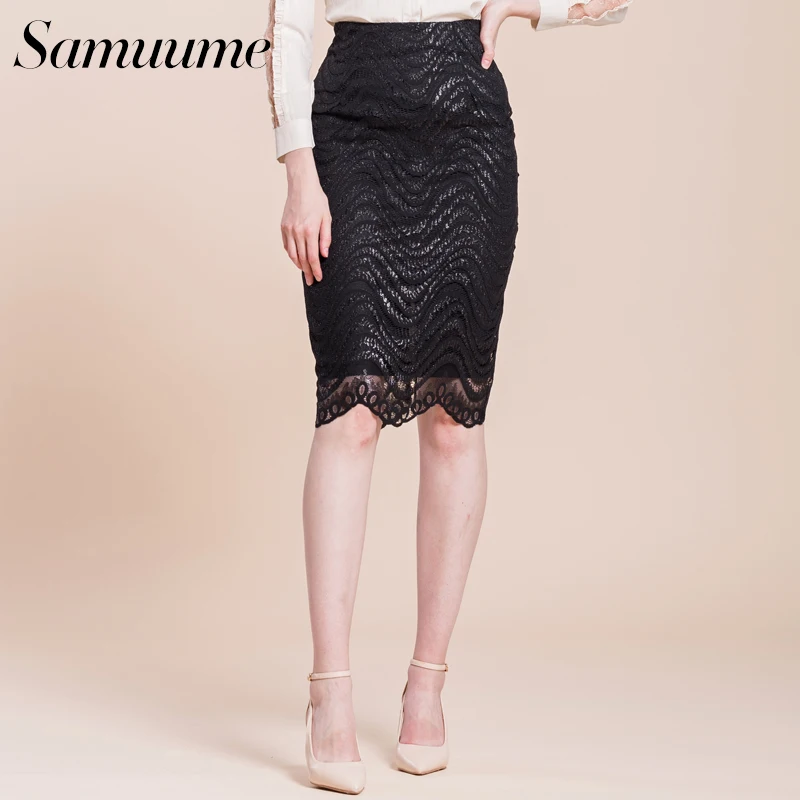 Samuume Высокая Талия Работа Bodycon юбка карандаш женские элегантные волна кружевные