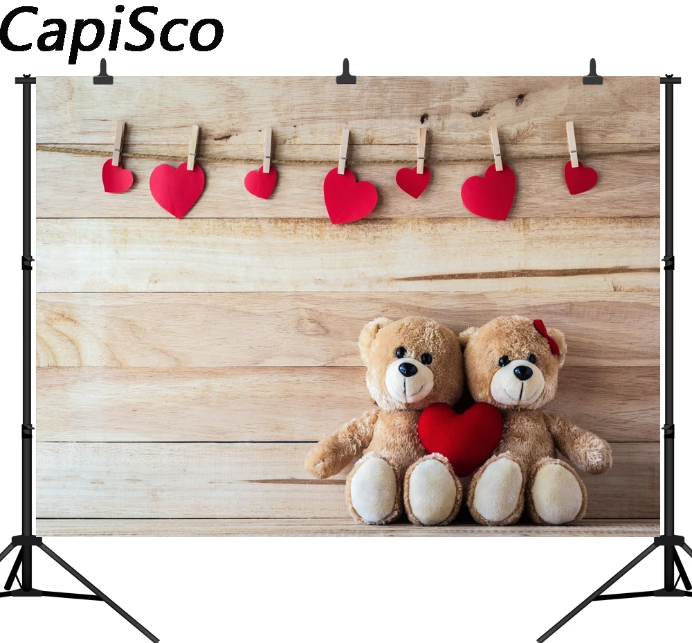 

Capisco Photography Backdrops Teddy Bear Toy Heart Wooden Boards Wall Valentines Day Party Photo Backgrounds Photocall Studio