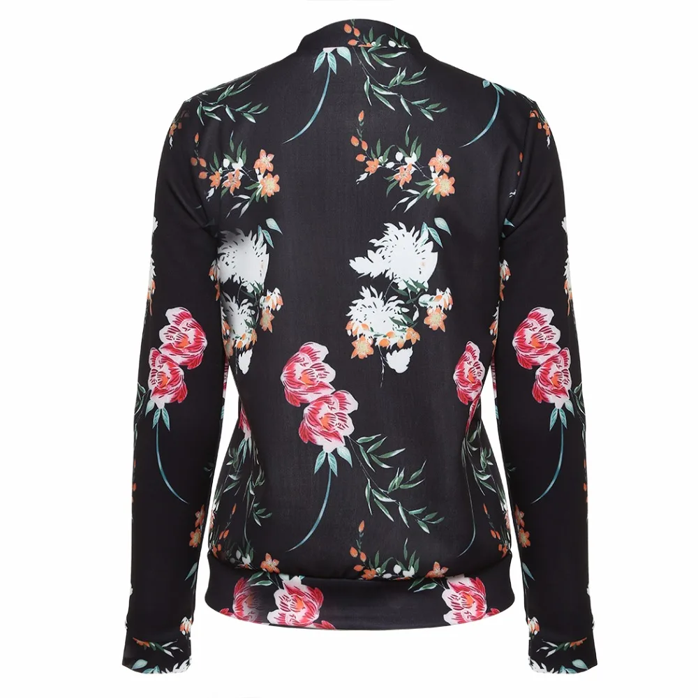 Осень Цветочный принт Куртки женские карман на молнии спереди стенд Куртка с