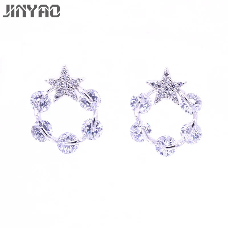 Женские круглые серьги гвоздики JINYAO серебряные с цирконием свадебные аксессуары