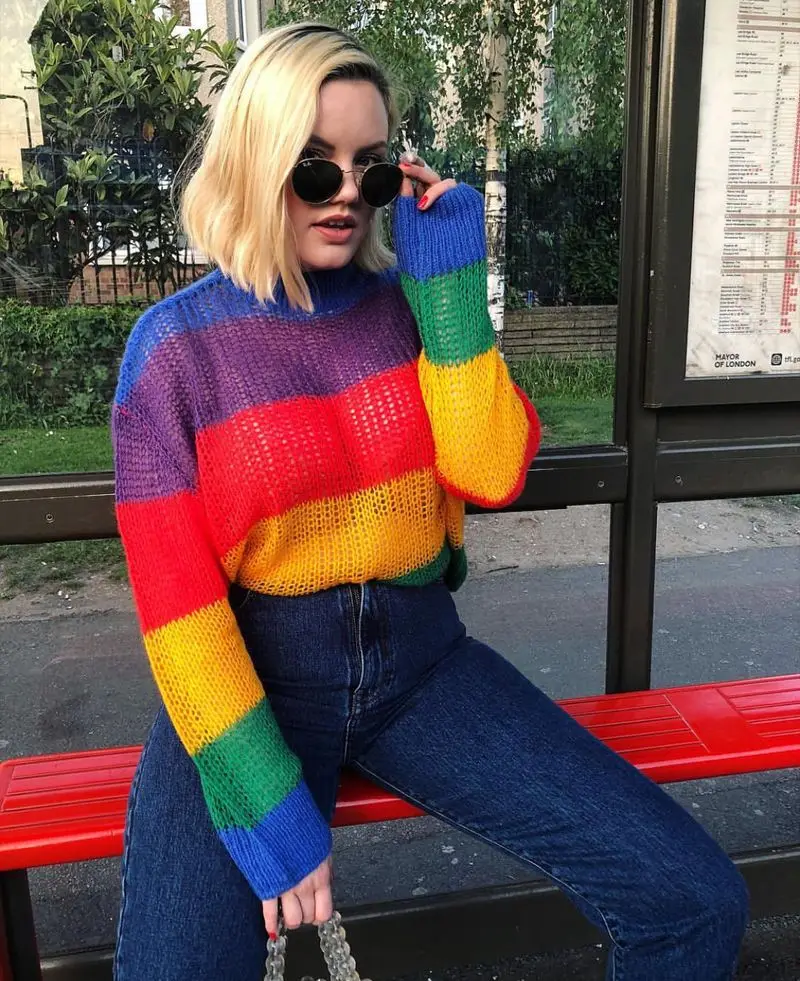 2018 осень и Новинка зимы девушка ветер полосатый шить мохер Радуга свитер Для