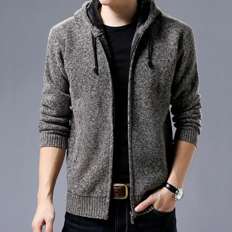 Classic Solid Men Jacket Thicken Fleece Knitting Cardigan Hooded Jackets Male Coats Autumn Winter Men's Clothing M-XXXL | Мужская