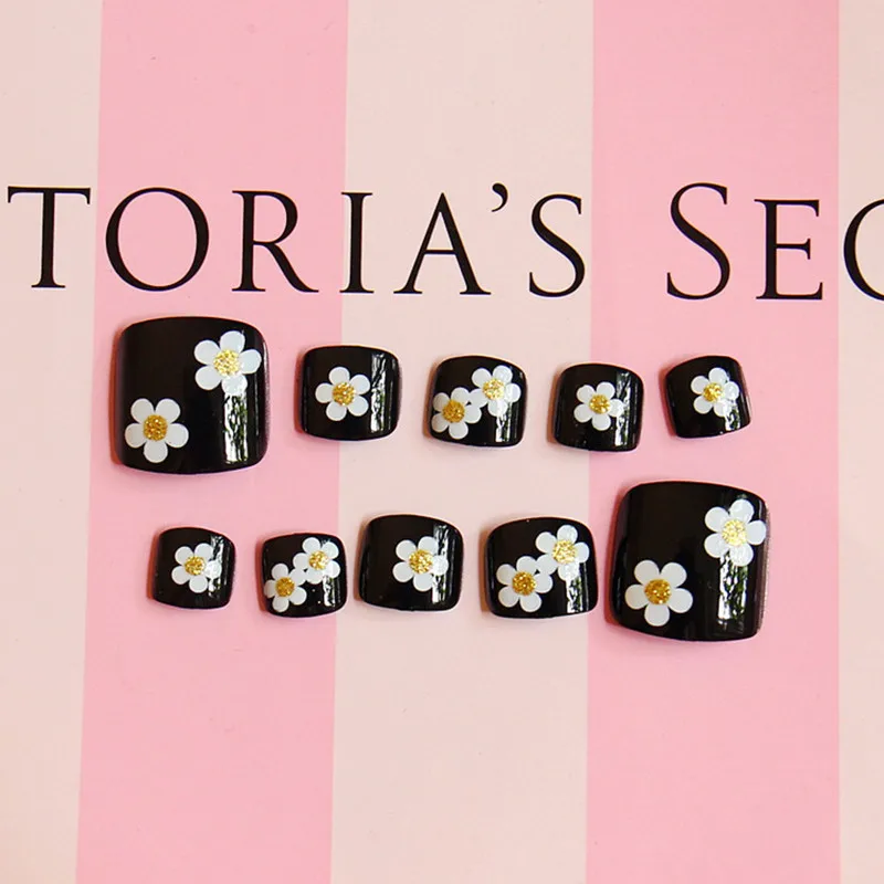 Черный пять лепестков маленькие белые цветы Лето ногти готовый Маникюр Kawaii