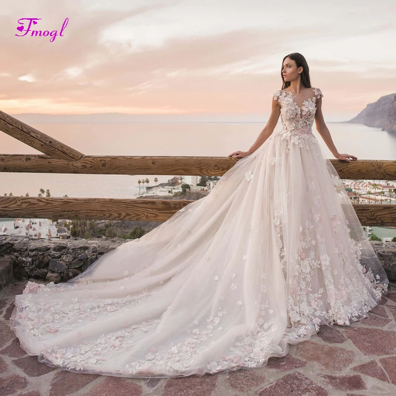 

Vestido de Noiva Scoop Neck Beaded Flowers A-Line Wedding Dresses 2020 Gorgeous Appliques Court Train Lace Princess Bridal Gown