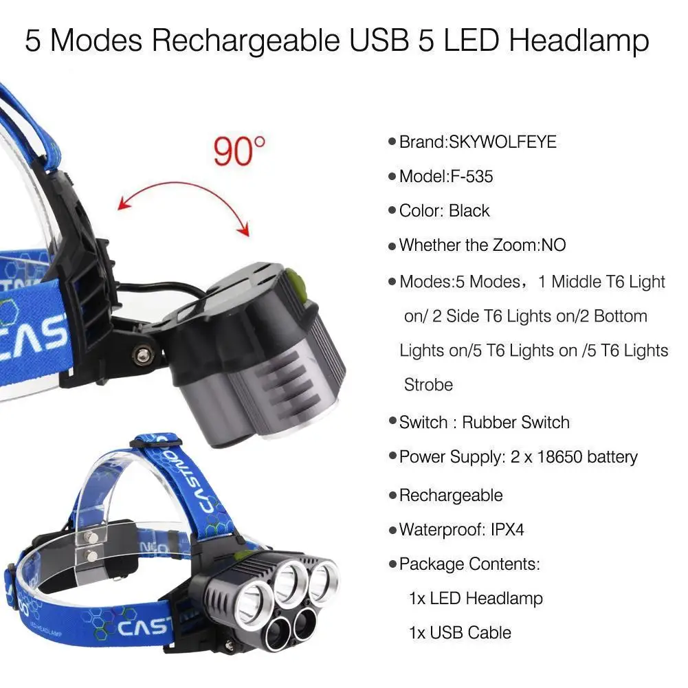 CASTNOO Heanlamp 10000 LM 5 LED Headlight USB Charge Modes Flashlight for Fishing use | Освещение