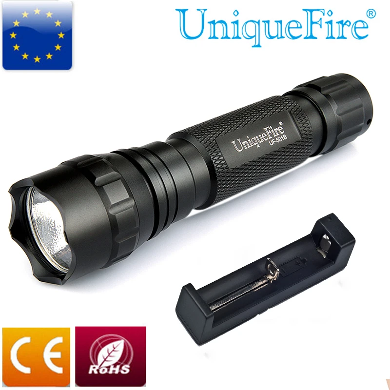 

UniqueFire Black UF-501B XML Mini Flashlight 1200LM 5 Modes Led Lamp Aluminum Alloy Body Torch +Charger For Camping Hiking