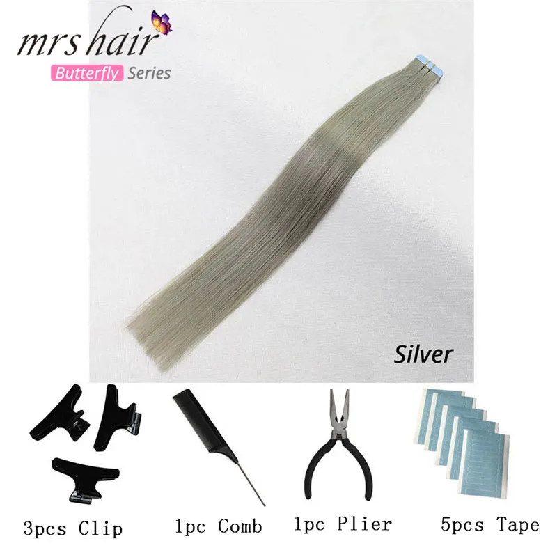 Серебристый MRSHAIR, 6#, пряди для кожи, человеческие волосы, прямые, лента для наращивания, машинка для наращивания, волосы remy, двухсторонняя лента, комплекты для волос 16, 18, 20, 22, 24 дюймов - Цвет: Серебристый