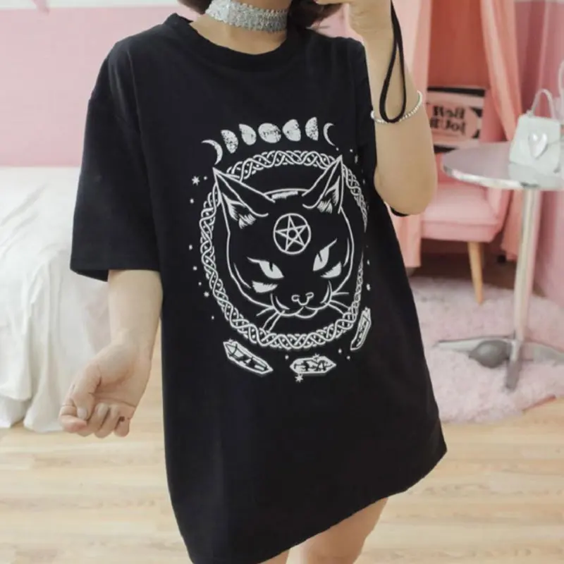 Женская футболка однотонного цвета с принтом котенка свободные топы размера