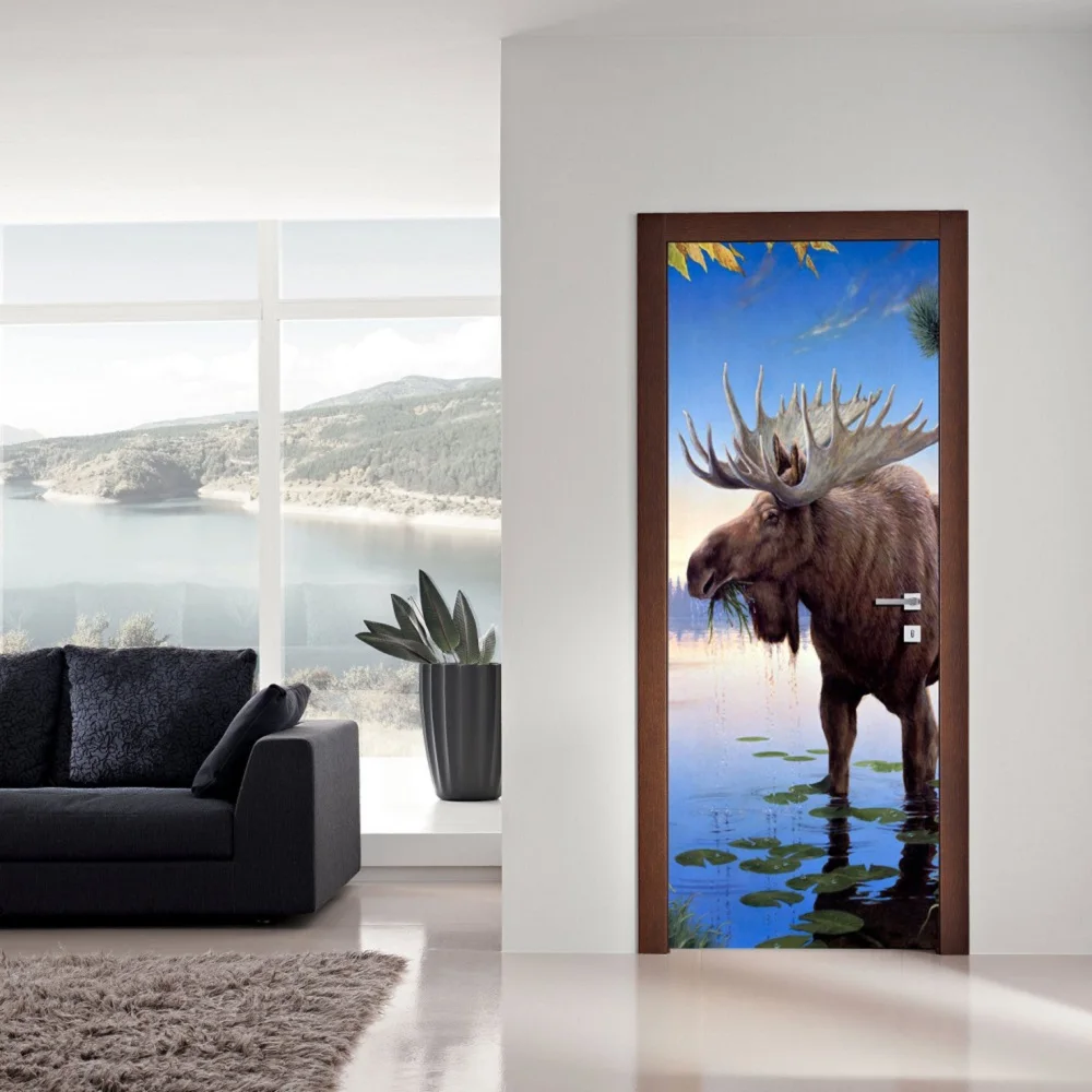 3D настенные художественные двери Фреска Moose животные обои наклейка на стену