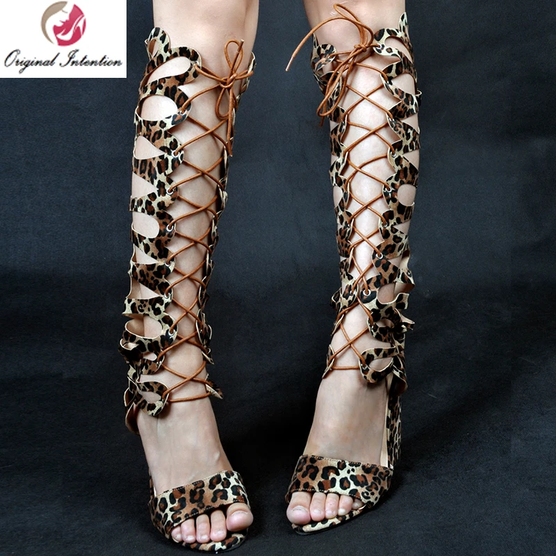 

Original Intention Sexy Wedges Heels Women Pumps Summer Knee High Boot Open Toe Cross-tied Pumps Leopard Black Shoes Plus Size