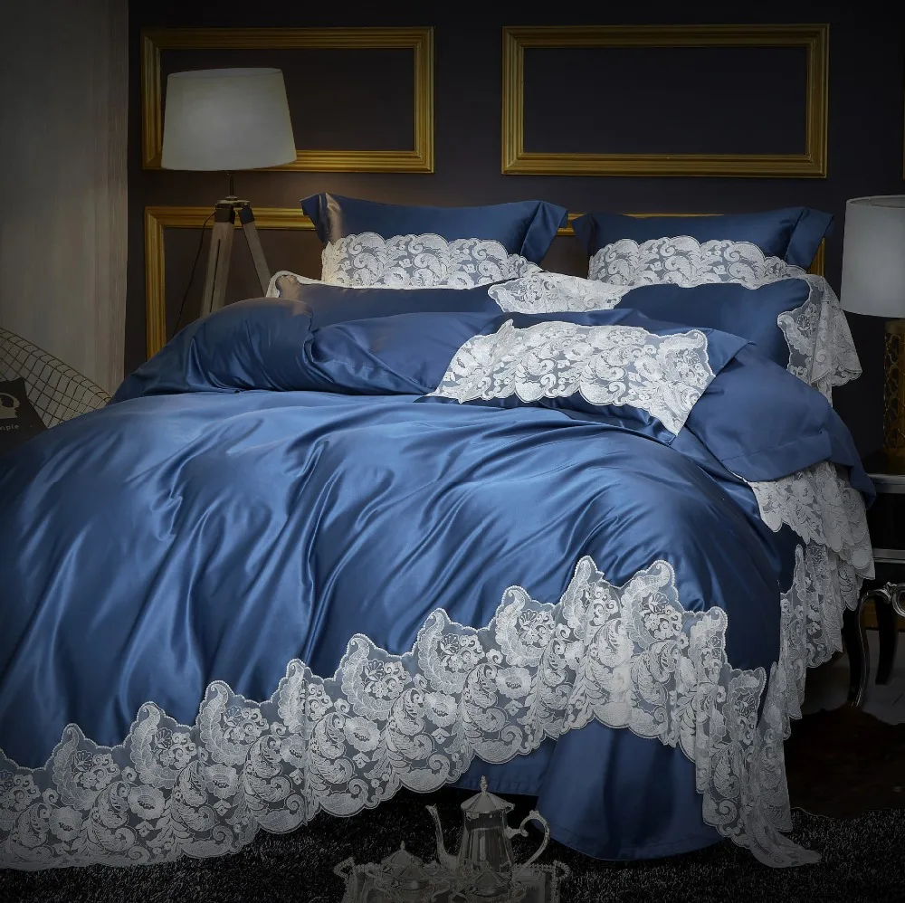 Luxury Solid Blue 120S Egyptian cotton Bedding set Queen King Noble Lace Royal Duvet cover Bed sheet Pillowcase 4/6pc Europe | Дом и сад