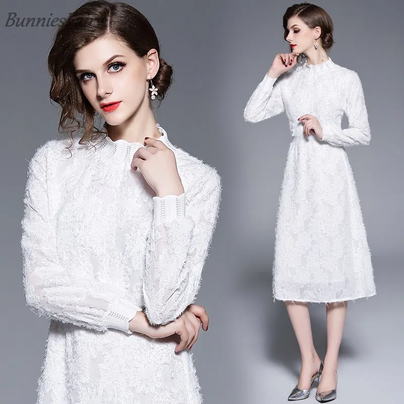 BunniesFairy 2018 зимнее Новое Женское платье-свитер с бахромой белое умеренное перо