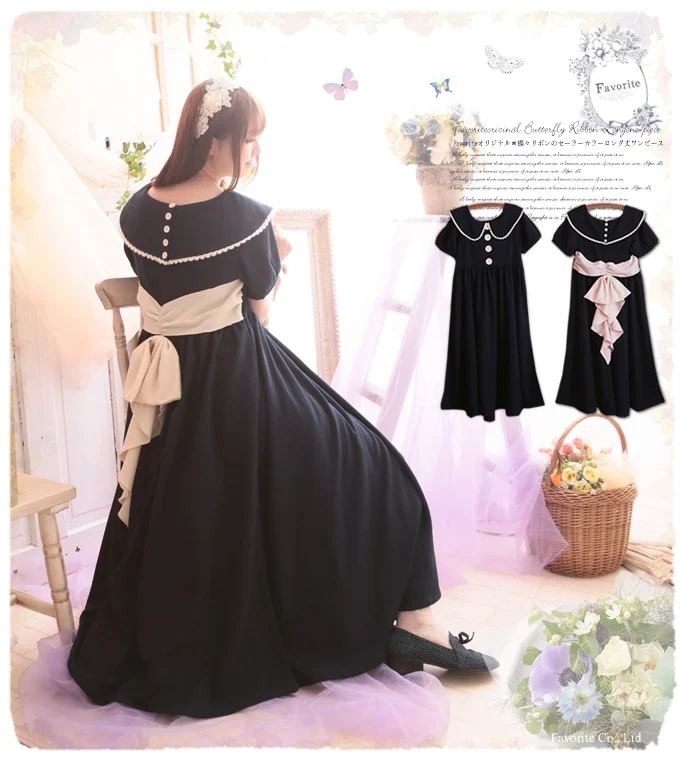 

Spring and Autumn Japanese princess Sen Girls Lolita Mori Girl Style solid short sleeve Lacing bow Loose sweet girl dress