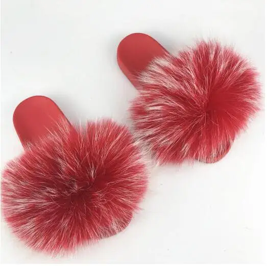 Red bottom red white COOLSA/Новинка; женские летние тапочки с красной подошвой из меха енота; домашние теплые пушистые плюшевые тапочки; пляжные вьетнамки; женские меховые шлепанцы; большие размеры - Цвет: Red bottom red white