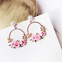 elegant korean rhinestone flower big round circle drop earrings charm pearl wedding party jewelry pendientes for women 6c1031