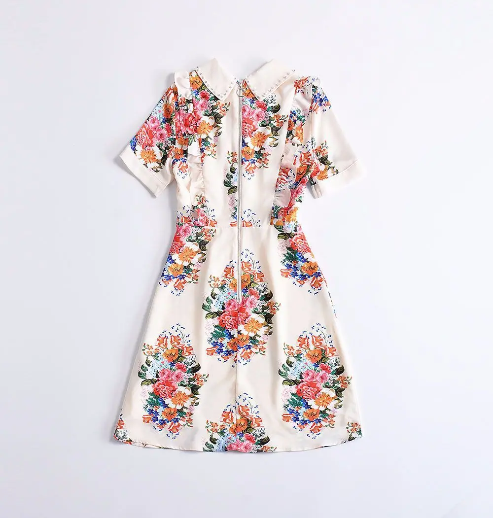 WREEIMA Runway Dress Women New Fashion 2018 High Street Colorful Flowers Printed Beading Ruffle white Mini Slim Summer Dresss | Женская