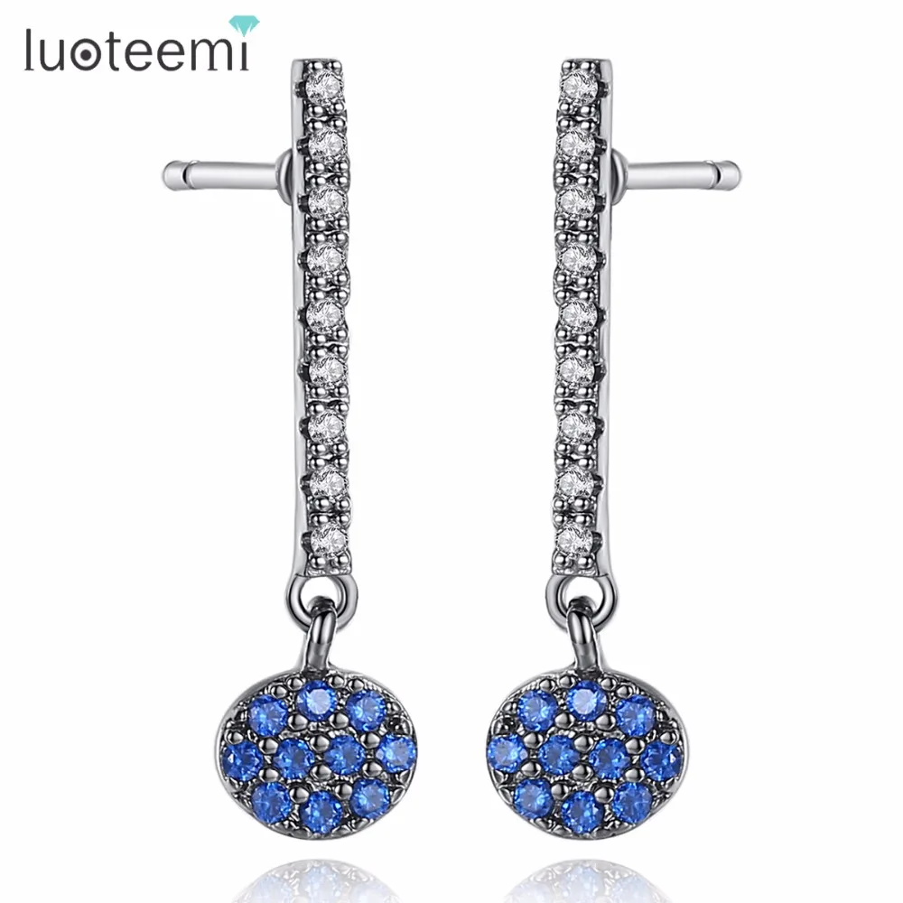 

LUOTEEMI Popular Prevalent Fashionable Long Line Blue Color Drop Earrings Copper Cubic Zirconia For Women Wearing Occasion Party