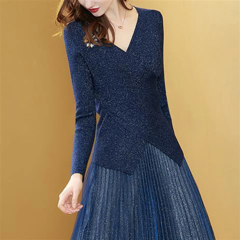 Женское трикотажное платье-свитер с V-образным вырезом большого размера | Женская