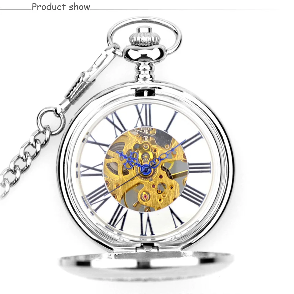 WOONUN Brand Retro Skeleton White Dial Silver Case Roman Numeral Analog Jewelry Clock Chain Men Mechanical Pocket Watch Gift | Наручные