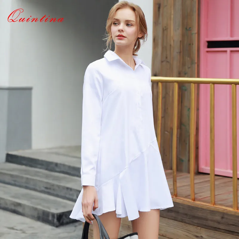 Quintina Новая Мода Женщины Платье с отложным Воротником Мини Vestidos Офисная Одежда