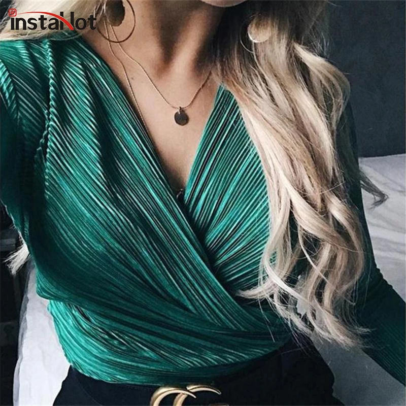 Женское боди с длинным рукавом InstaHot зеленое v образным вырезом и пуговицами