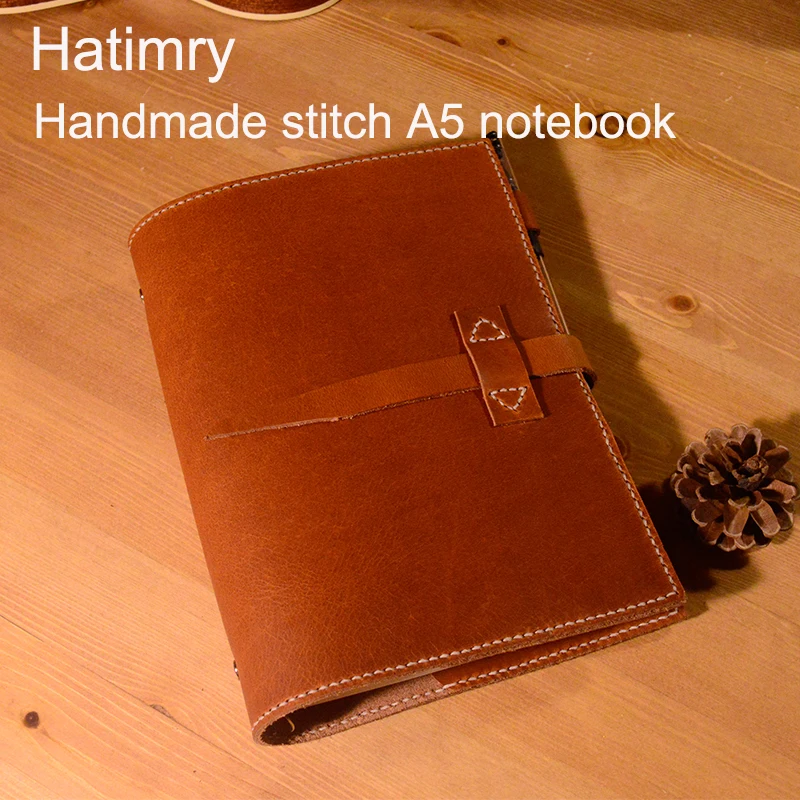 Hatimry A5 genuine leather handmade stitch A5 size notebook for travelers book school supplies jorunal leather notebook