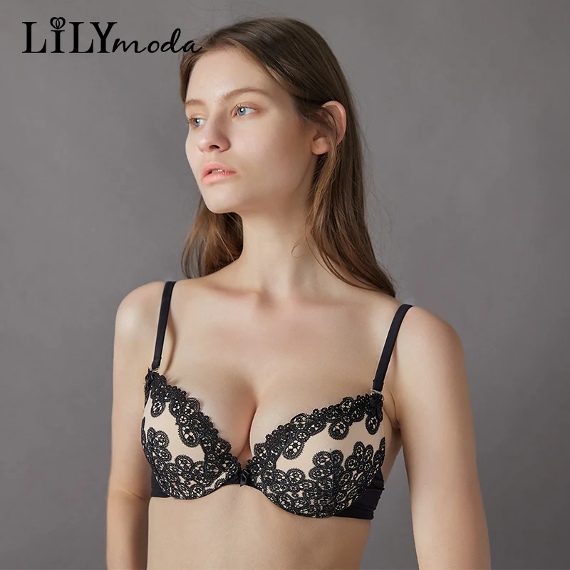 

Lilymoda Summer Comfortable Underwear Sexy Bra Women Floral Embroidery Bra 3/4 Cup Underwire Push Up Brassiere Female Lingerie