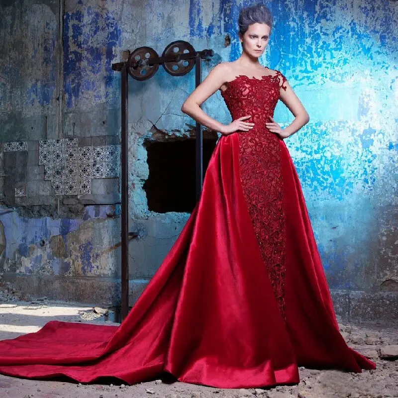 Халат де вечер longue Бургундия Кружева Вечернее Платье со Съемной Поезд Длинные