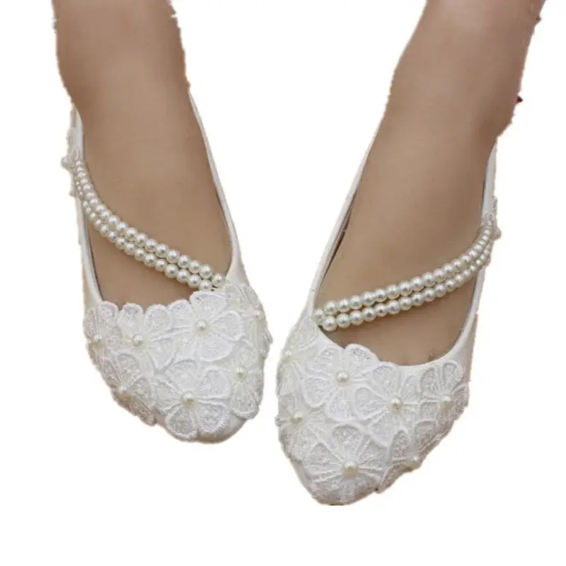 

Woman wedding shoes white lace flowers brides shoes HS008 round toes slip on beading straps sweet bridal shoes plus sizes