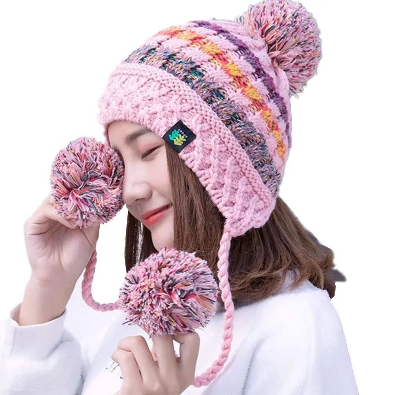 Шапка бини шерстяная Кепки s для Для женщин Earflap теплые Шапки Pom Зима крючком