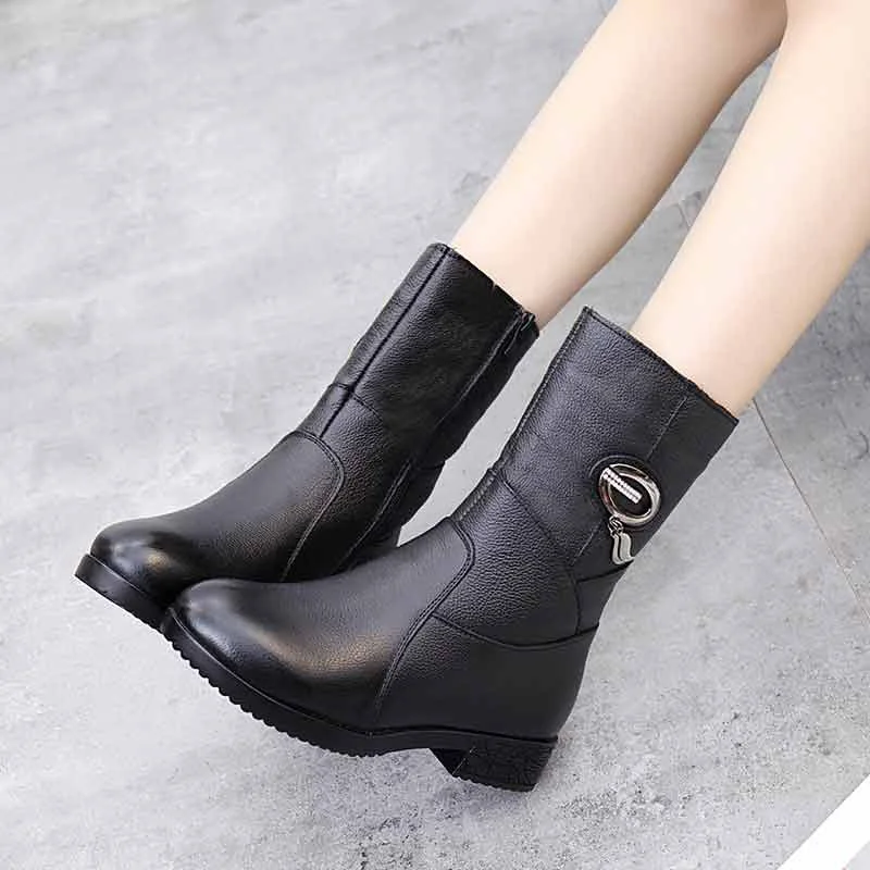 DRKANOL Women Winter Boots Genuine Leather Zipper Square Heel Thick Plush Warm Snow Boots Women Low Heel Mid Calf Boots