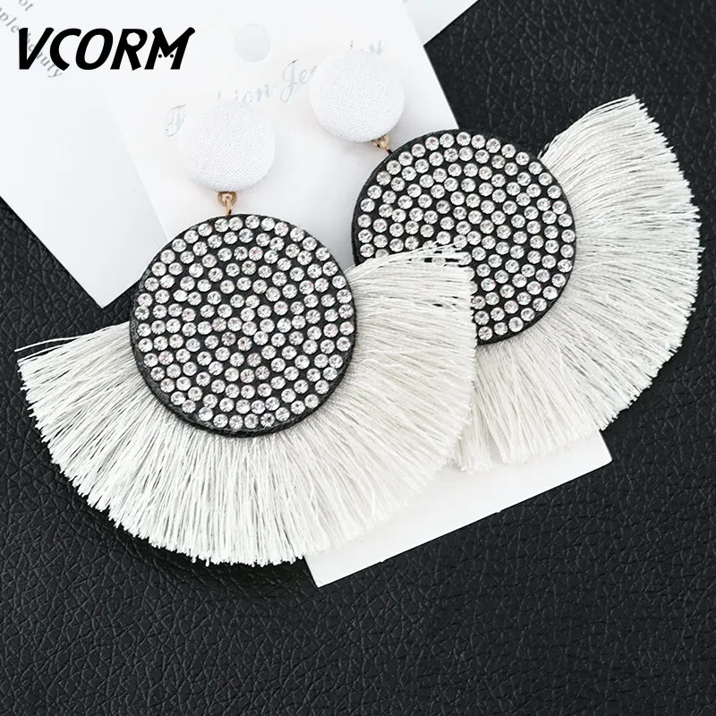 White VCORM новые модные богемные серьги с кисточками, большие висячие серьги для женщин, роскошные винтажные длинные висячие серьги с кристаллами, Женские Ювелирные изделия - Окраска металла: White