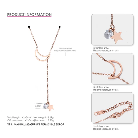 rose gold color EManco для женщин Neckalce нержавеющая сталь Звезда Луна Подвески золото Цвет звено цепи necklaces для мода модные украшения - Окраска металла: rose gold color