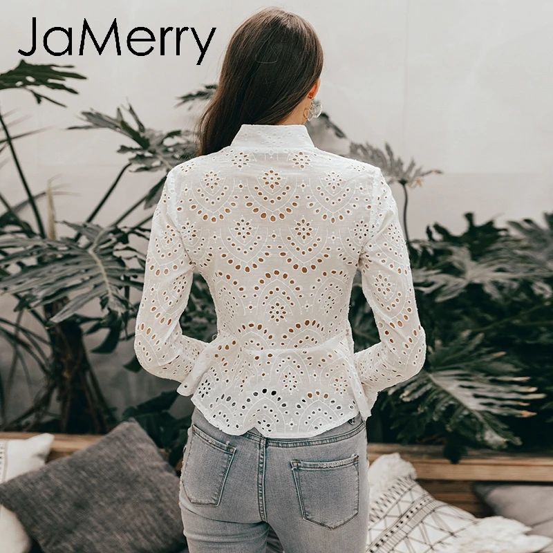 JaMerry Винтаж Белый Вышивка выдалбливают Женщины блузка рубашка Стенд воротник