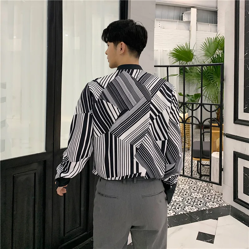 

Male Streetwear Hip Hop Party Dress Shirts Men Fashion Black White Striped Bow Tie Business Casual Long Sleeve Shirt