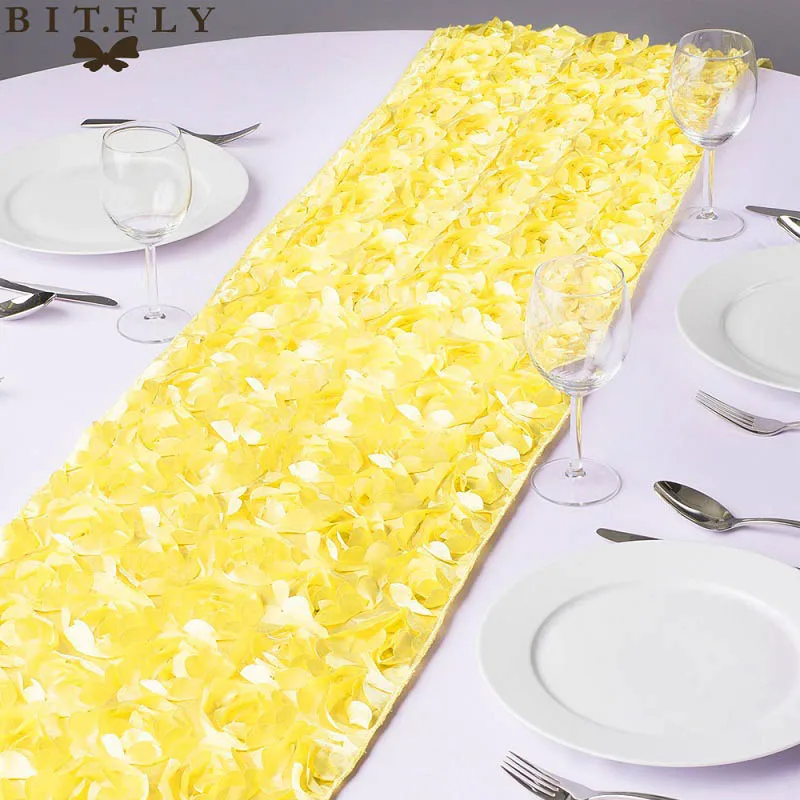 yellow Новые модные атласные настольные дорожки с розочками 30x275 см, 3D грандиозная Роза, украшения для свадебной вечеринки, домашний текстиль, настольные дорожки - Цвет: yellow