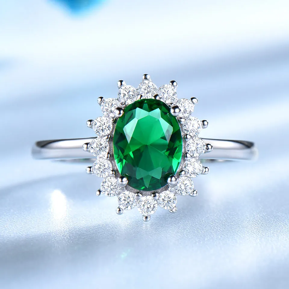 Emerald UMCHO Изумрудный камень кольца для женщин принцесса кольцо Диана Твердые стерлингового серебра 925 Винтаж подарок на помолвку ювелирные изделия - Цвет камня: Emerald