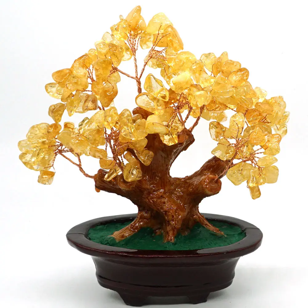 

Natural Crystal Citrine Quartz Gemstone Bonsai Healing Reiki Lucky Money Tree Home Office Decor