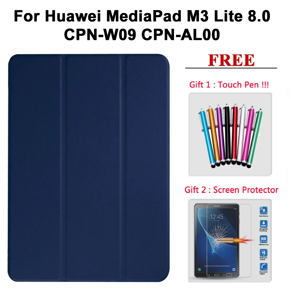 Защита экрана стекло+ чехол для huawei MediaPad M2 8,0/Медиа Pad M3 8,4/M3 Lite 8,0/M3 Lite 10,1 PU кожаный чехол - Цвет: M3 Lite 8.0 shenlan