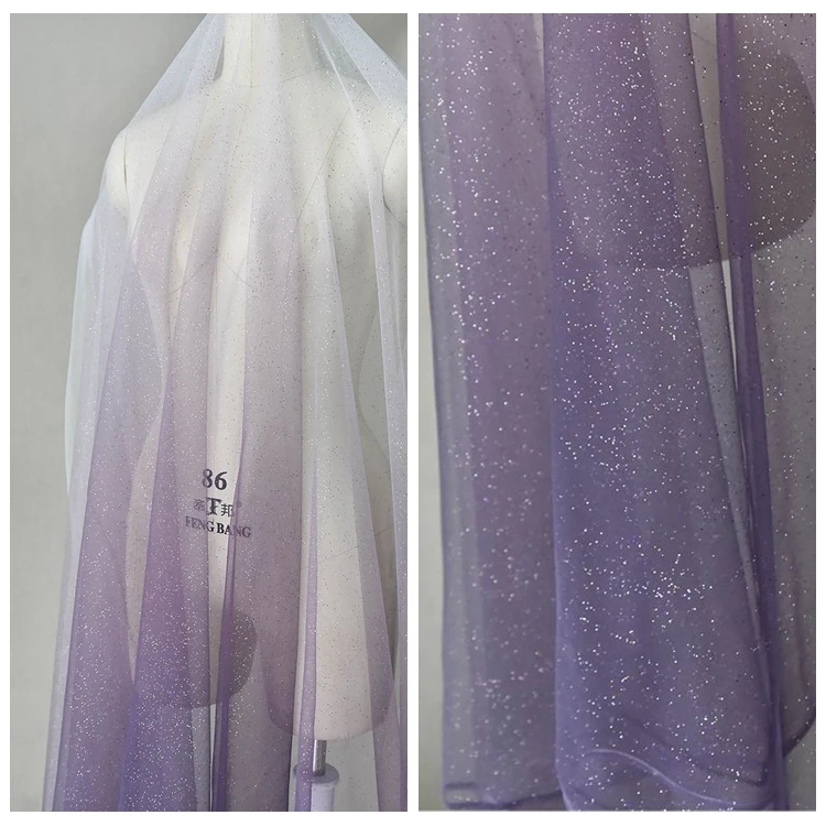 Light blue black purple gradient star yarn hot stamping powder sprinkling gold sequin mesh cloth transparent dress fabric | Дом и сад