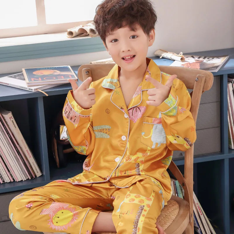 2019 spring rayon silk new long-sleeved children's pajamas boys and girls cartoon home clothes suit 9418 |