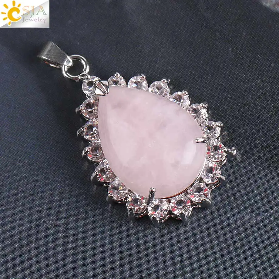 Rose Quartz CSJA рейки натуральный драгоценный камень капли воды ожерелье Подвески фиолетовый розовый кварц Лазурит тигровый глаз опал Стразы ювелирные изделия E829 - Окраска металла: Rose Quartz