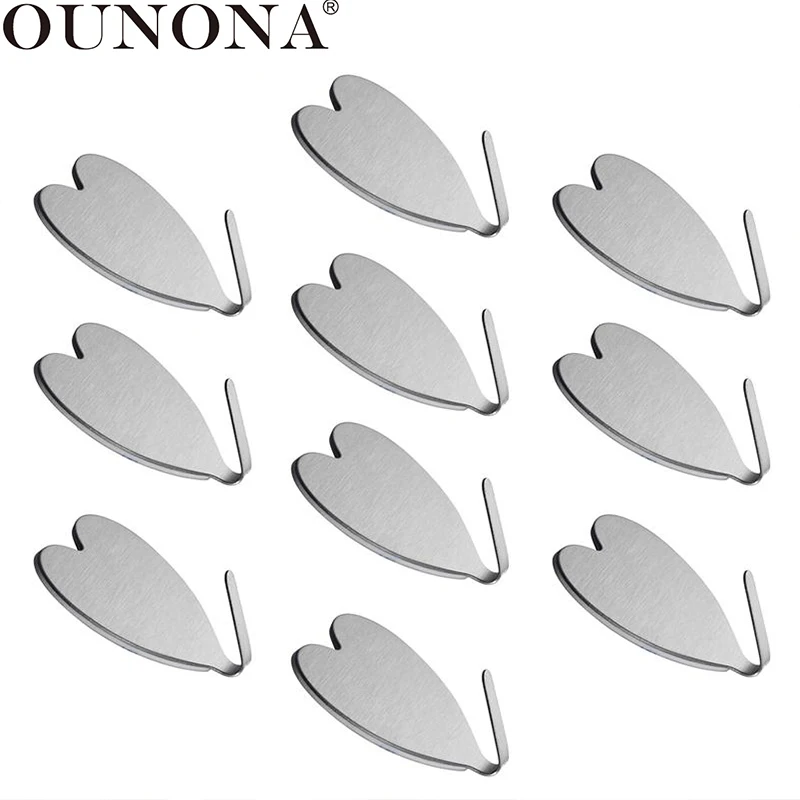 

OUNONA 10pcs Self Adhesive Wall Hooks Heavy Duty Coat Hanger Stainless Steel Heart Shape Towel Hook Door Coat Key Hanging Hooks