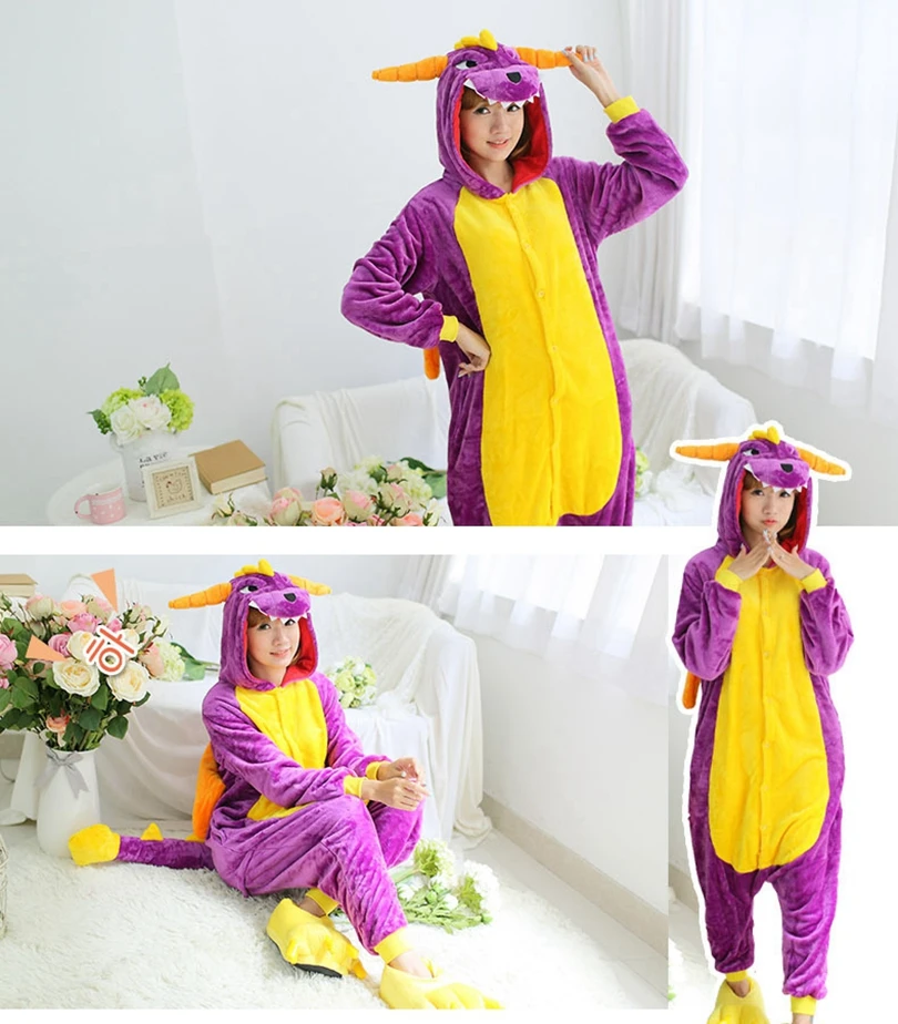 Животные кигуруми фиолетовый дракон динозавр костюм Взрослый Дети Onesie фланель Хэллоуин Женщины аниме-комбинезон Маскировка цельный костюм