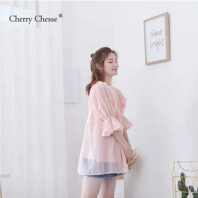 Cherry Chesse 2018 Лето Полупрозрачная блузка Для женщин с расклешенными рукавами